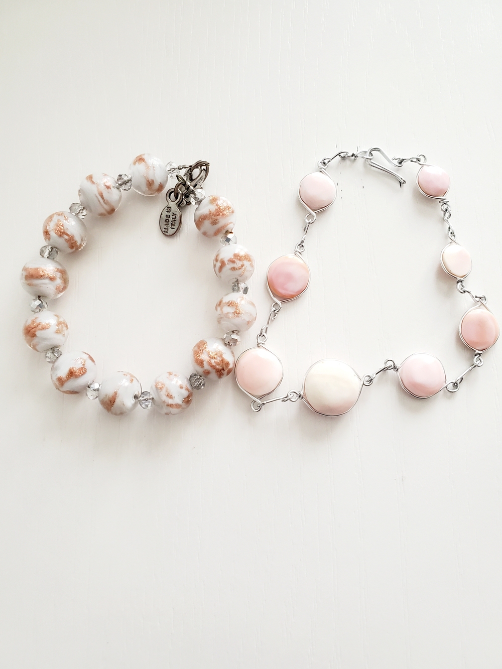 Delicate Pink & White Bracelet Duo with Silver Tone Details